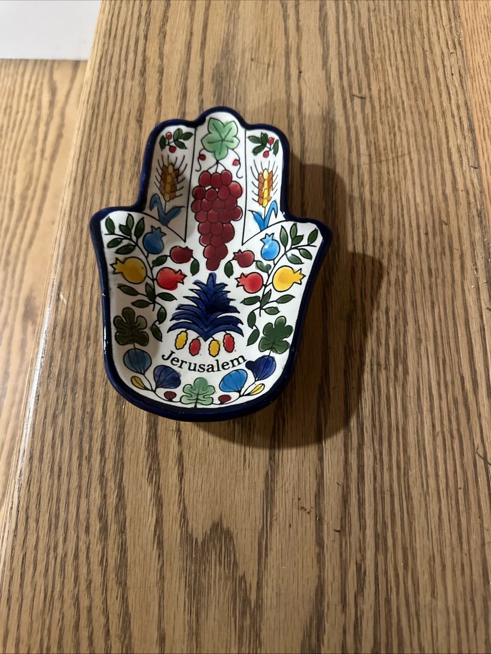 Jerusalem Hamsa Ceramic Dish with Colorful Fruit Motif